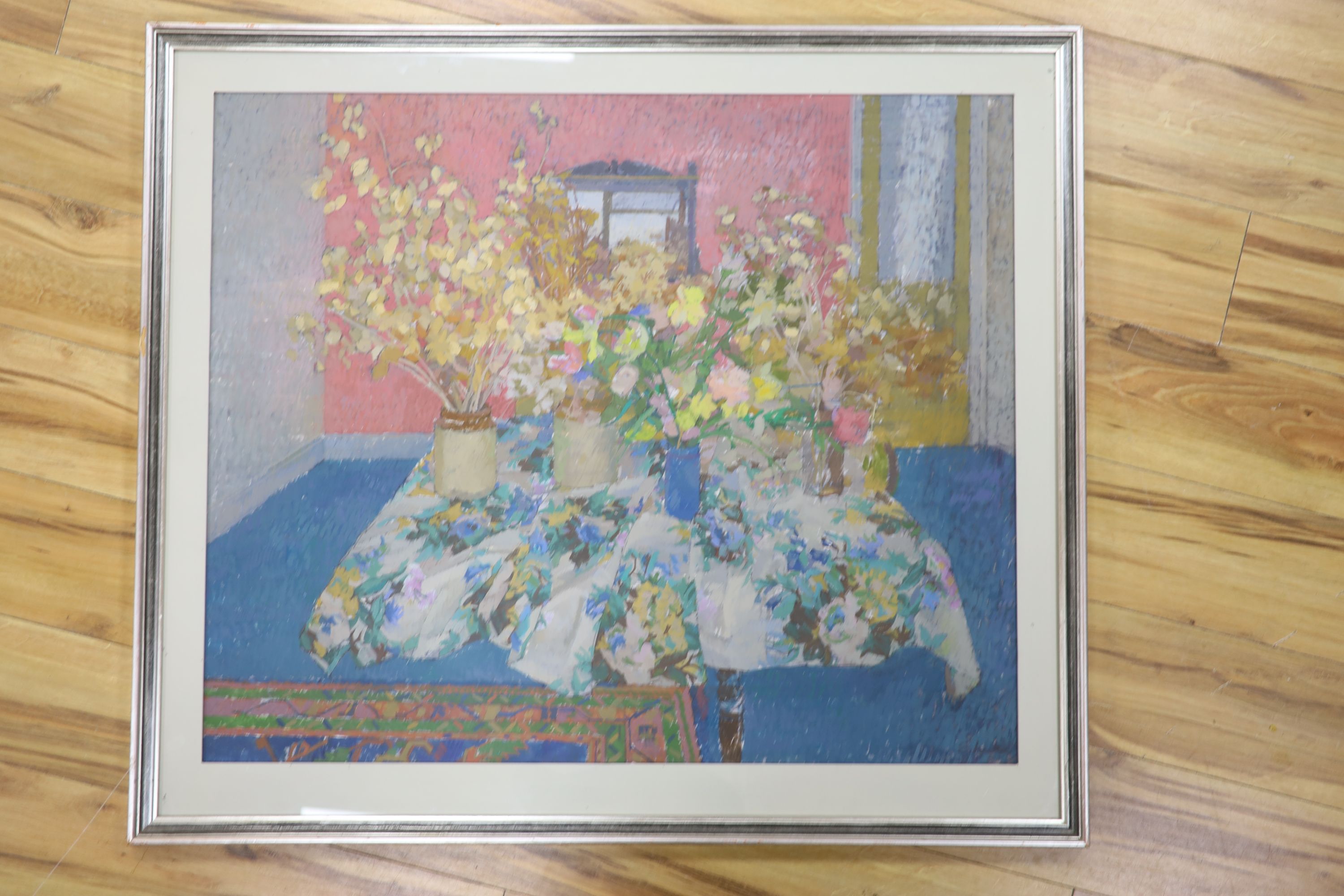 Eric Luke, egg tempera, 'Honesty and Spring Flowers on a cloth', signed, 76 x 92cm